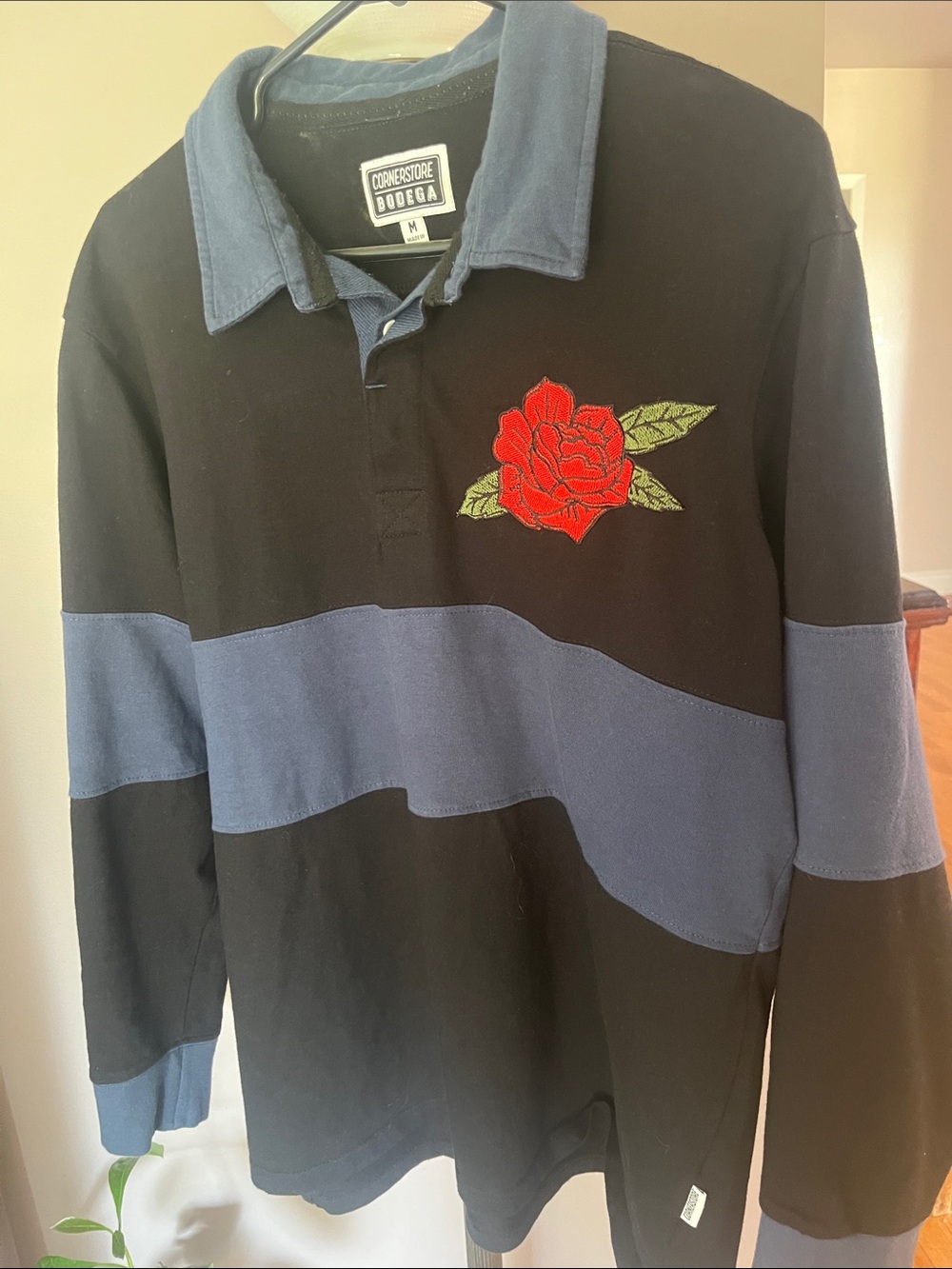 Black Polo with Blue Panel and Red Rose Embroidery